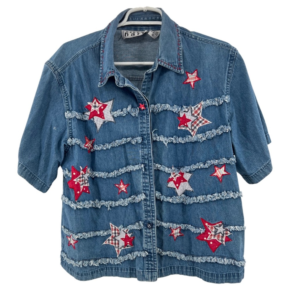 Keren Hart stars stripes patriotic American short sleeve denim button up XL